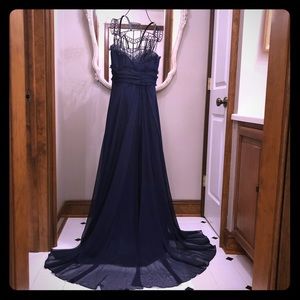 Navy column gown with overlay train